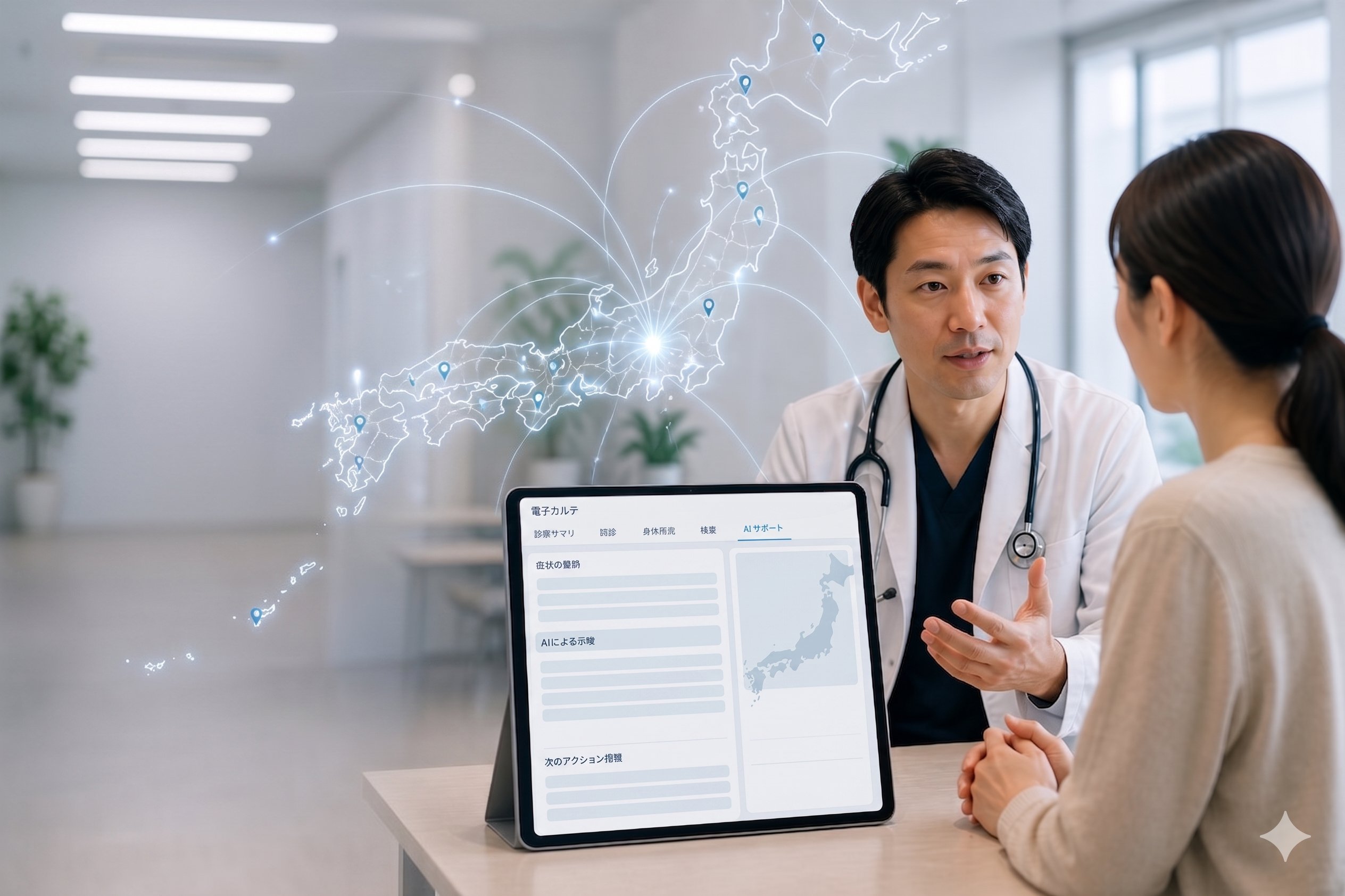 医師がAIタブレットを使って、八王子から全国へつながるイメージ