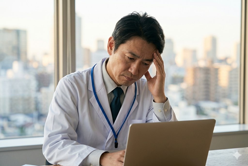 医師が事務作業に追われ、ノートパソコンを前に頭を抱える様子