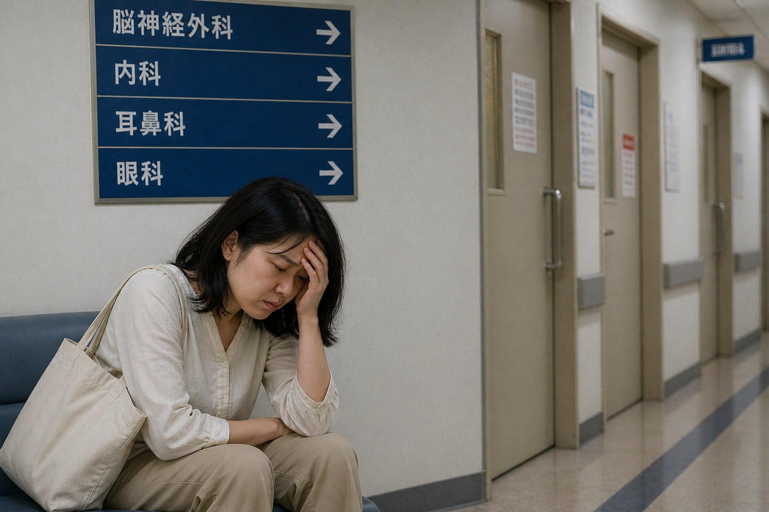 病院の廊下で「脳神経外科」「内科」「耳鼻科」「眼科」の看板の前に座り込み、頭を抱える女性患者